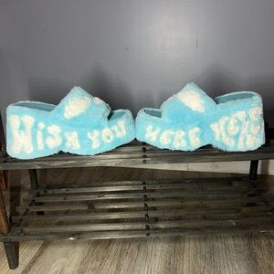 DELIA*s Wish You Were Here Platform Fluffy Blue and White Sandals